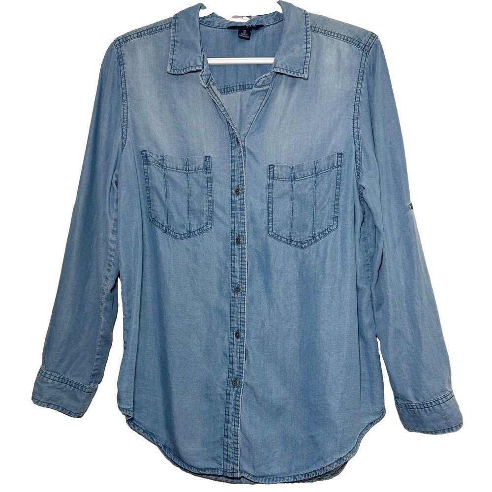 Terre Bleue Women’s Small Blue Tencel Chambray Shirt Roll Tab Button Front